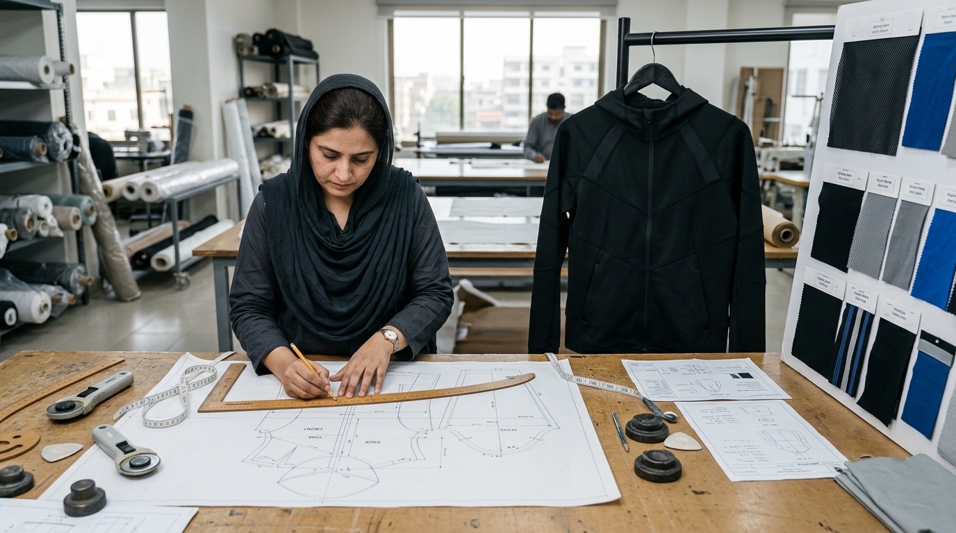 Technical apparel specification review showing garment construction details and component references