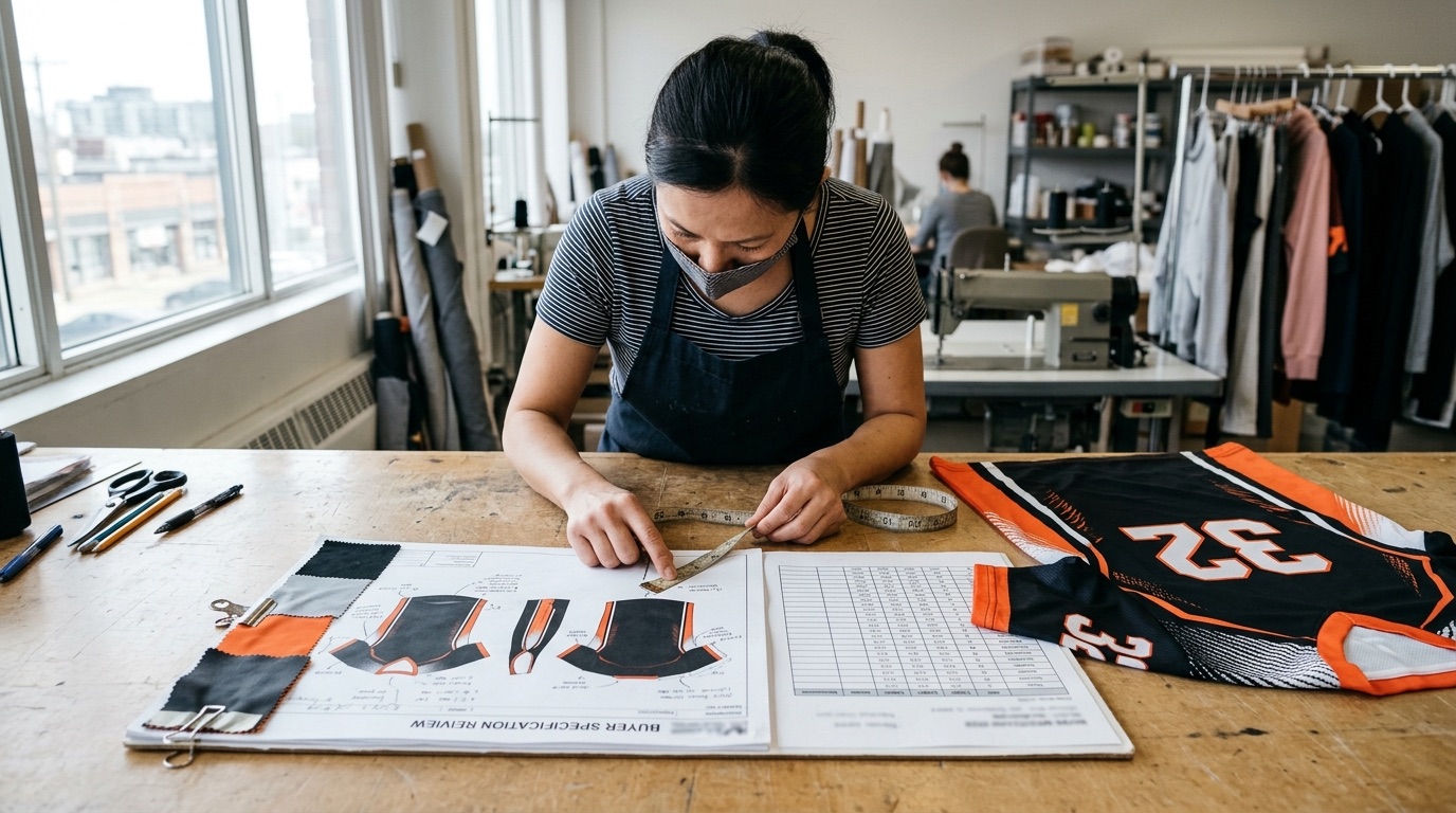 Apparel specification review with technical drawings, measurement notes, and material references