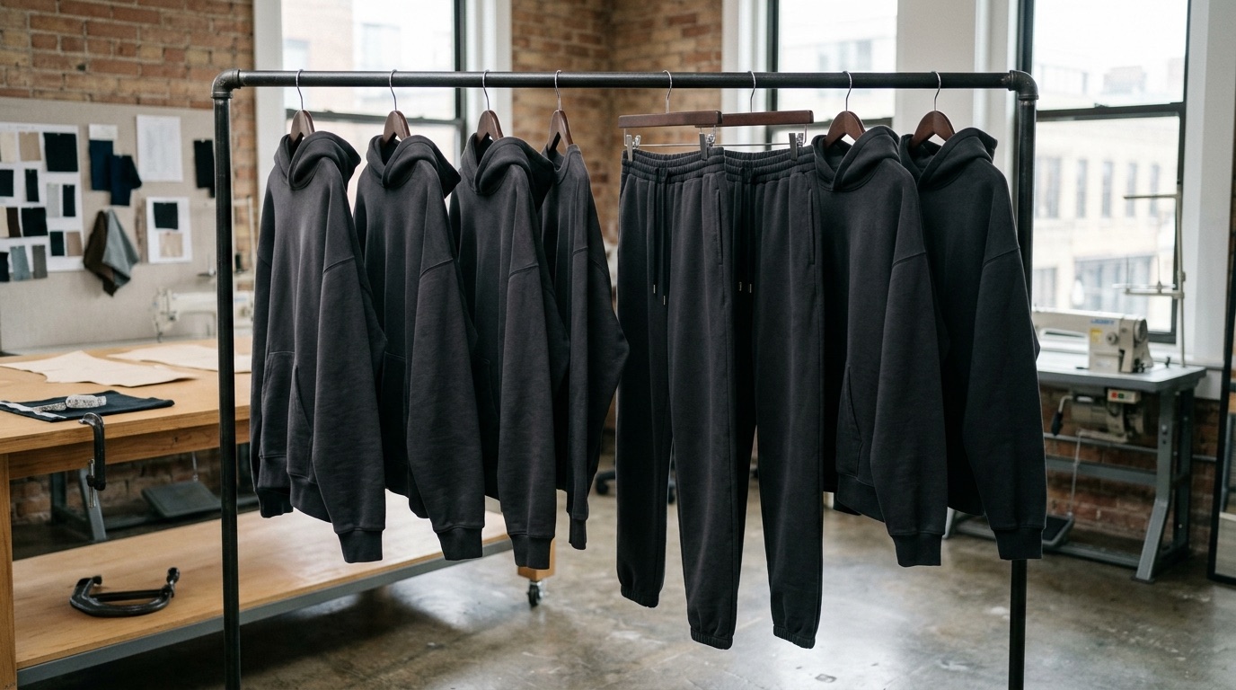 Streetwear hooded sets showing body and leg hems, cuffs, fit proportions, and finished bottom openings