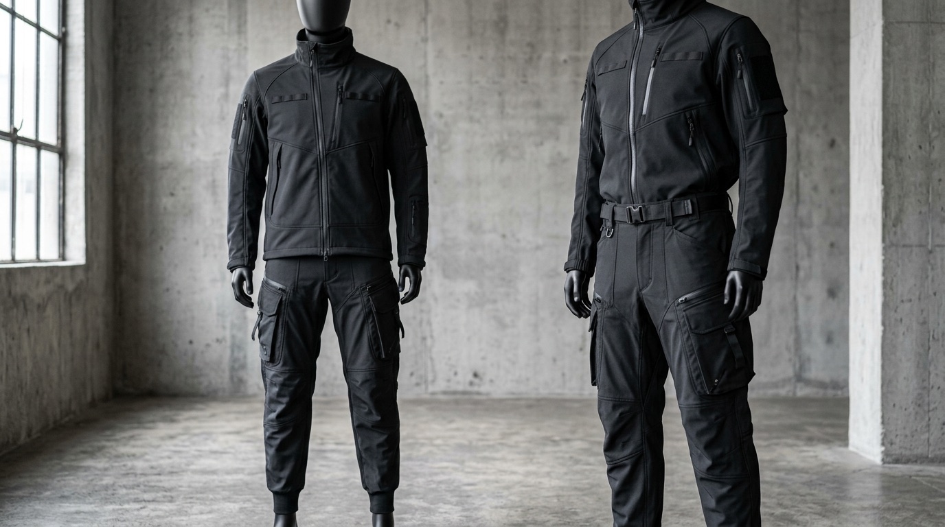 Technical apparel specification review showing garment construction details and component references