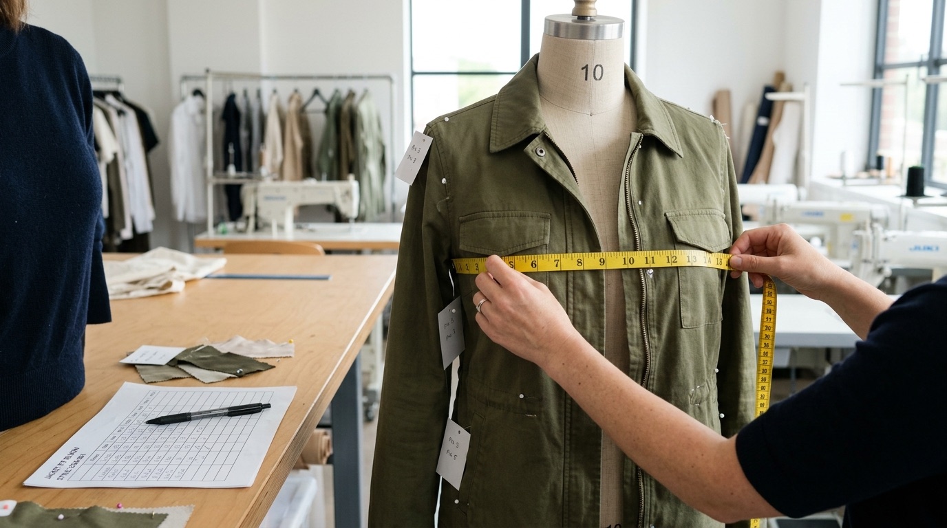 Apparel development team reviewing garment fit, measurements, and written sample comments